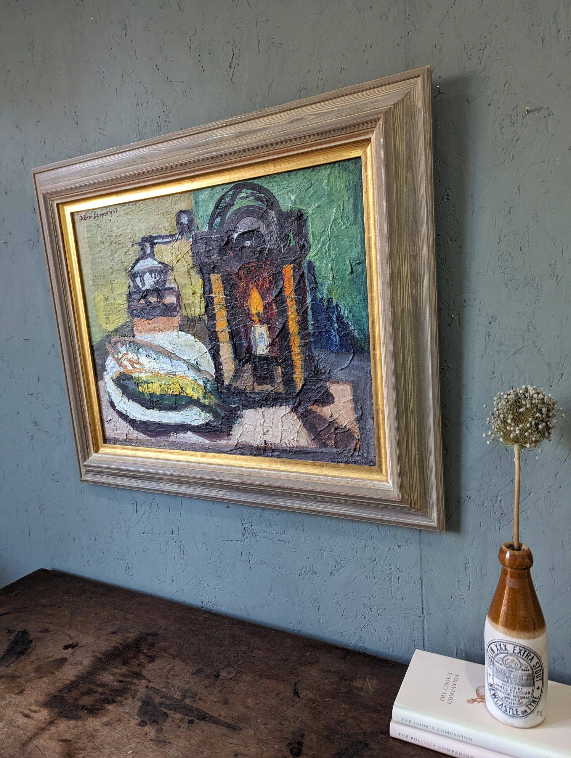 1959 Mid-Century Modern Swedish "Still Life With Lamp" Vintage Oil Painting, Framed