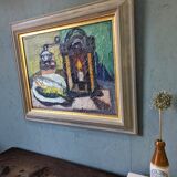 1959 Peinture à l’huile vintage suédoise moderne  « Nature morte avec lampe », encadrée