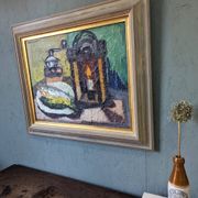 1959 Mid-Century Modern Swedish "Still Life With Lamp" Vintage Oil Painting, Framed