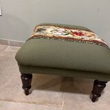 Vintage upholstered footstool, floral decor in Aubusson style.