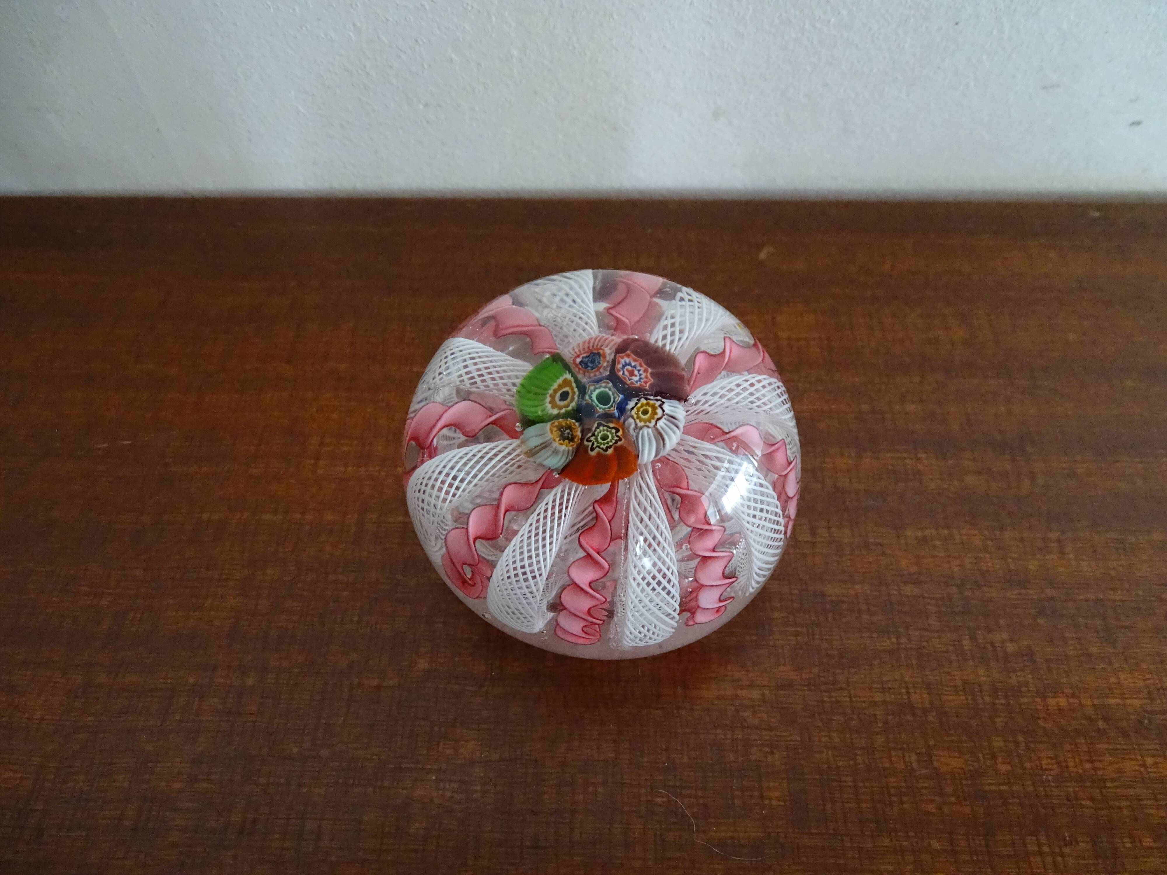 Murano paperweight millefiori and latticino twisted ribbons