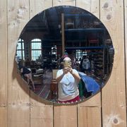 Round Art Deco mirror – Bevelled glass & chrome clips – 1930s