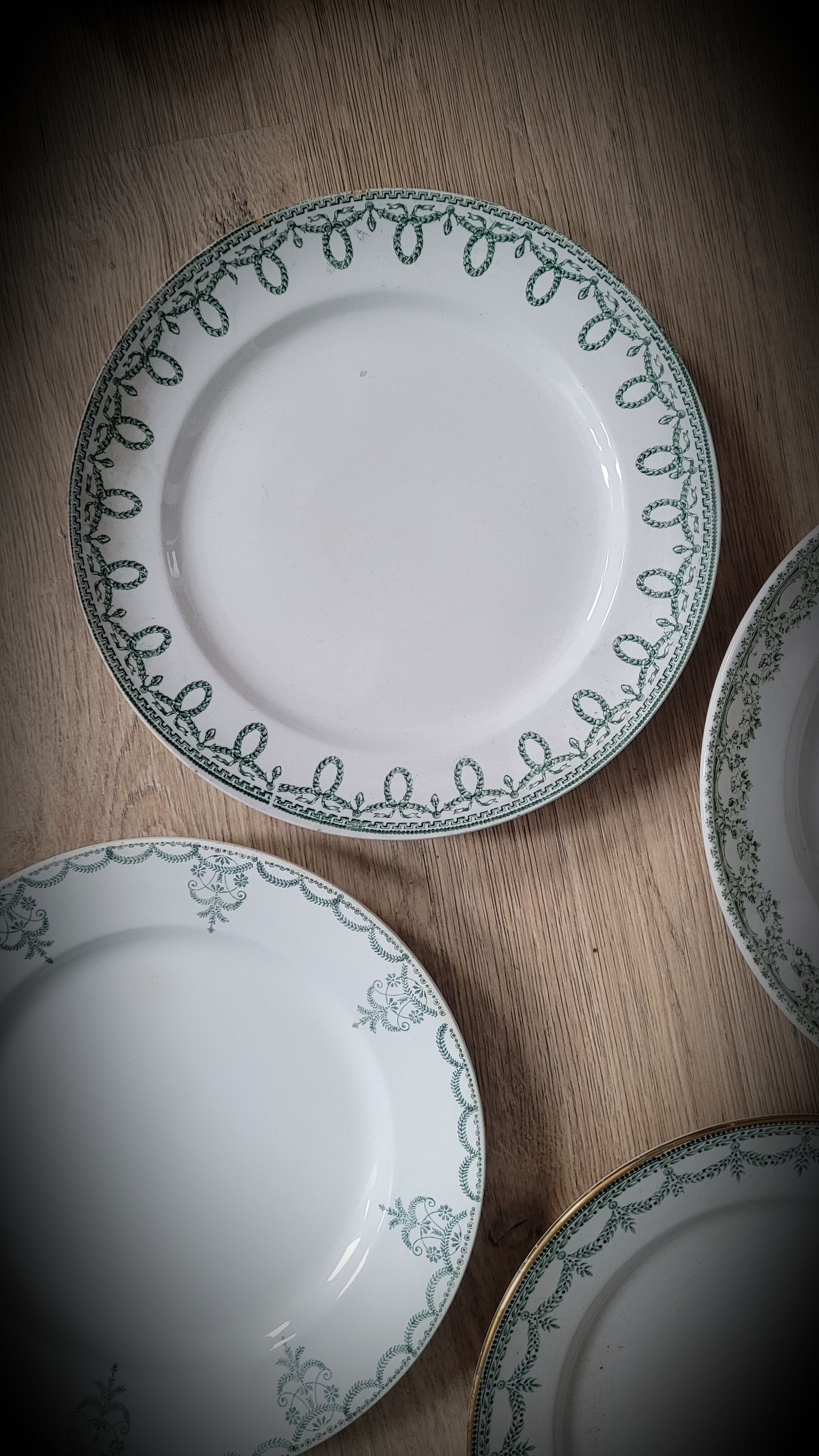 Set 4 green mismatched plates