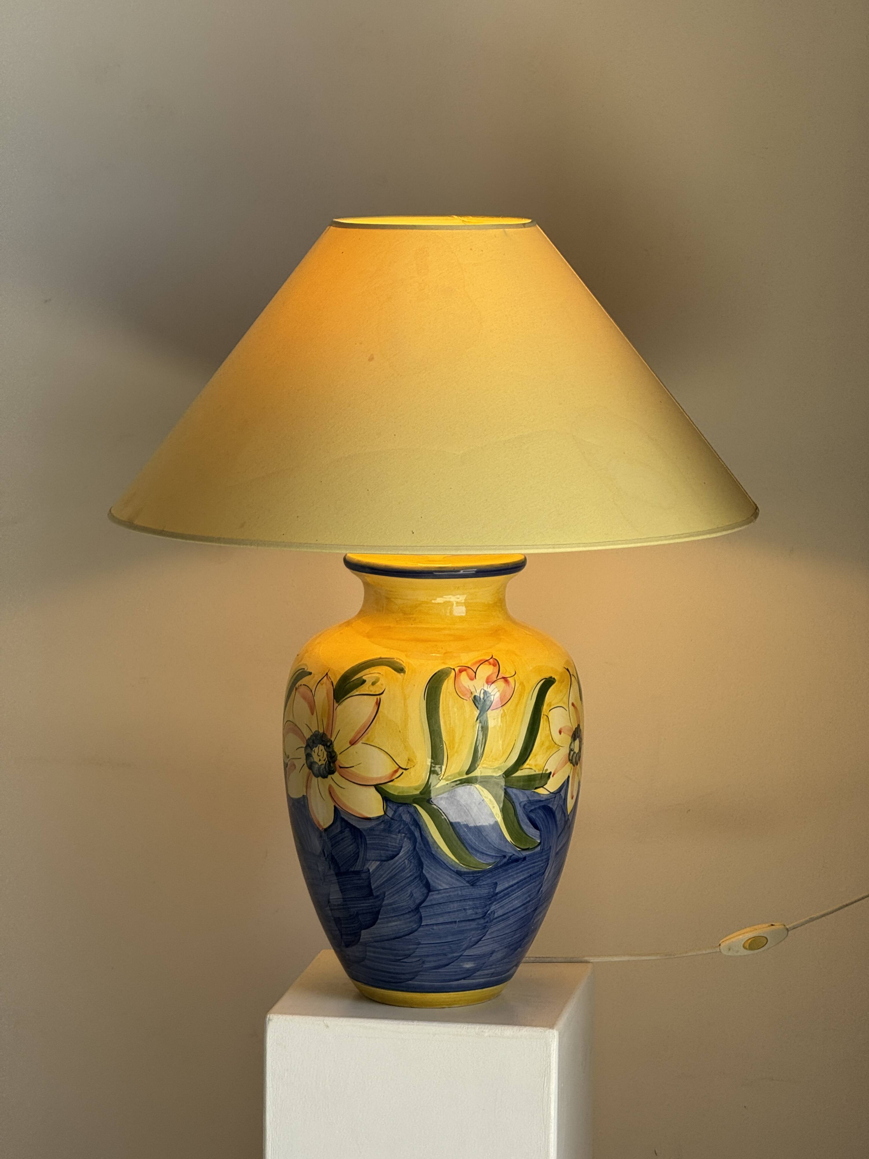 Large blue and yellow lamp with floral patterns H60