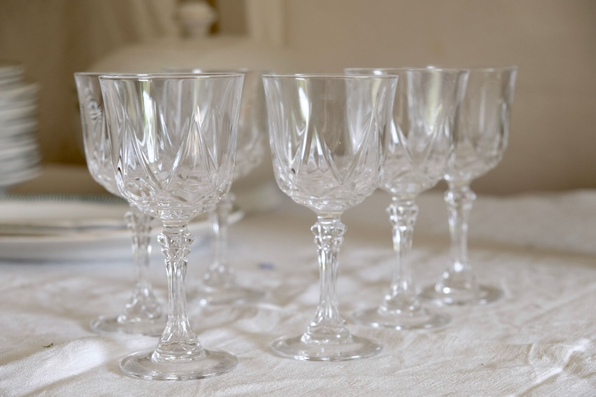 Set of 6 mid-century French crystal wine glasses