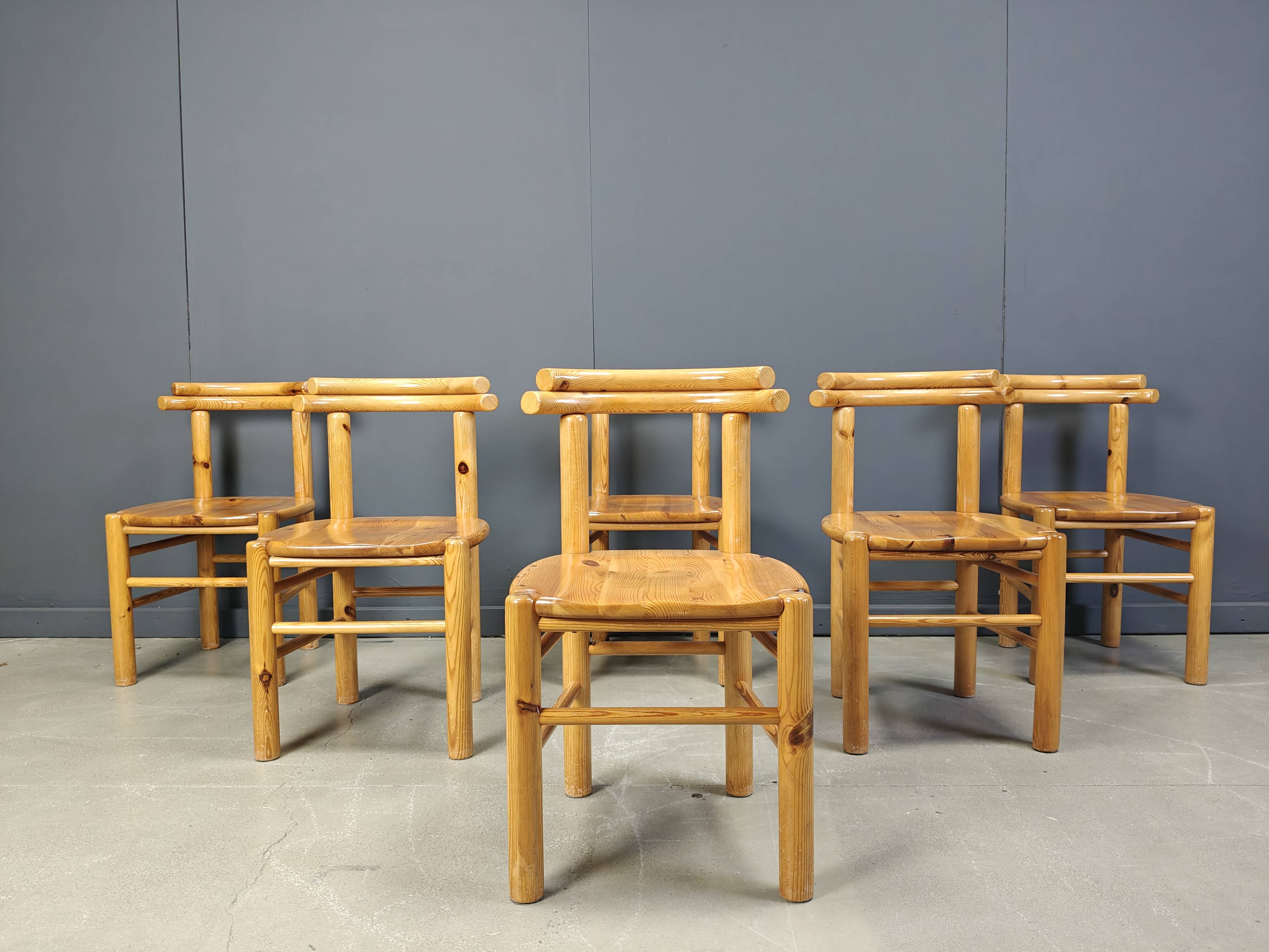 Vintage pine wood dining chairs - 1980s - set of 6