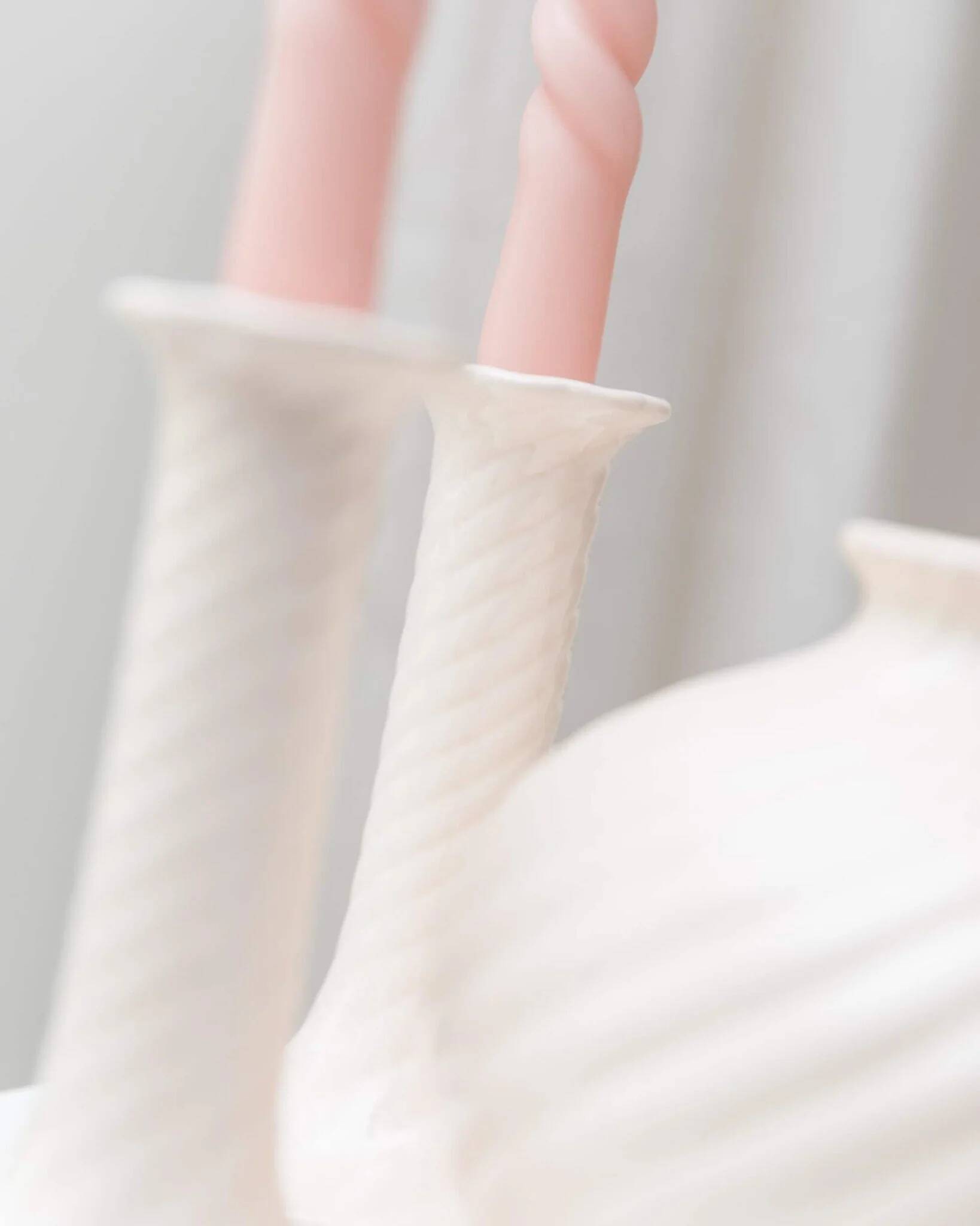 Cream ceramic mid-century set: two candle holders and a vase with white glaze, 1970s design