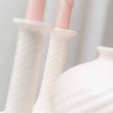 Cream ceramic mid-century set: two candle holders and a vase with white glaze, 1970s design