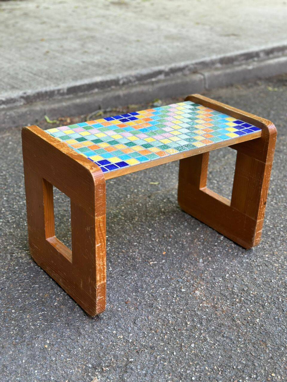 Vintage wooden and mosaic stool bench from the 1960s.