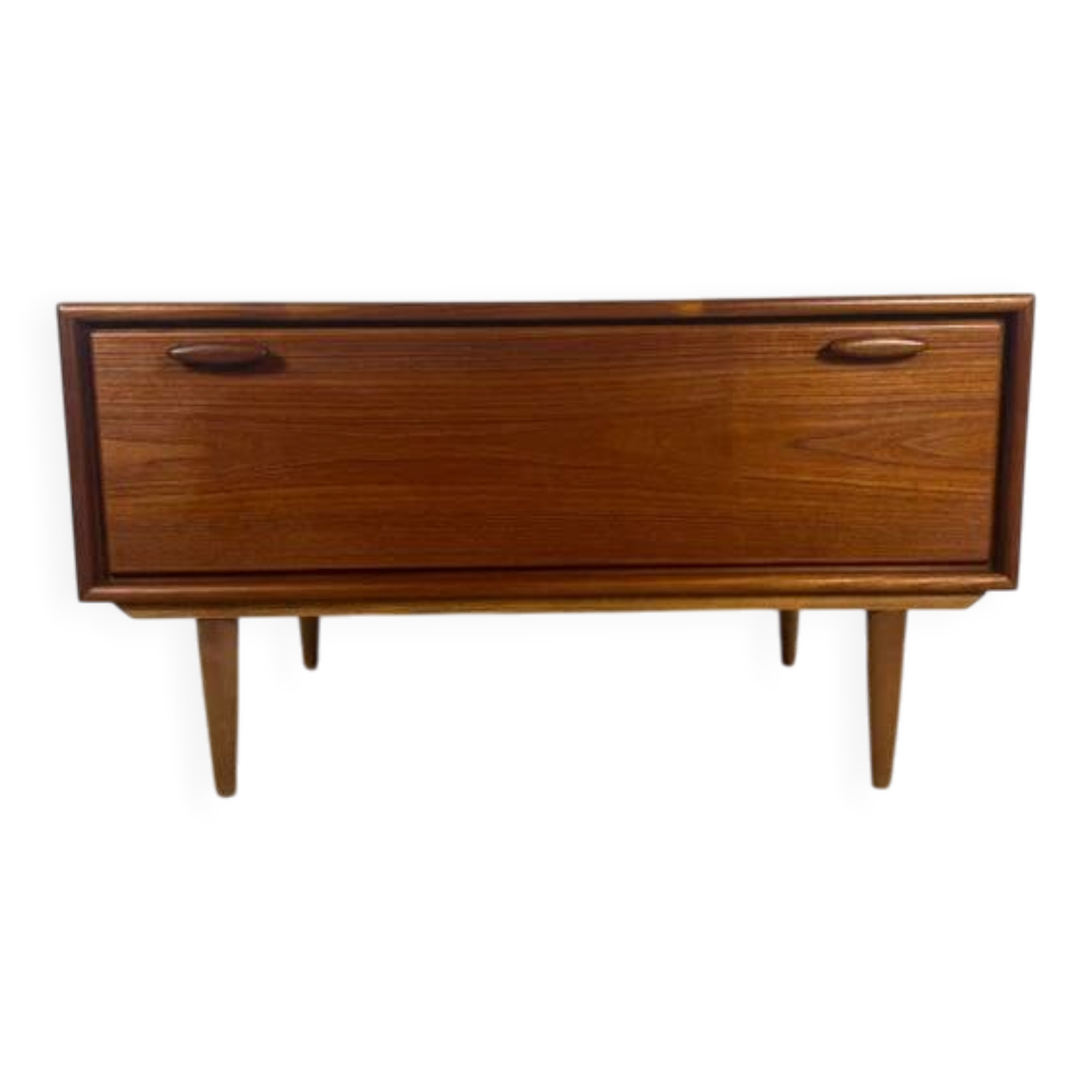 Low vintage sideboard with drop-down door – Scandinavian design 1960s, teak and elegant details