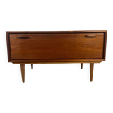 Low vintage sideboard with drop-down door – Scandinavian design 1960s, teak and elegant details