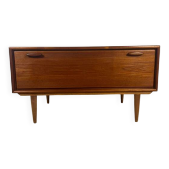 Low vintage sideboard with drop-down door – Scandinavian design 1960s, teak and elegant details