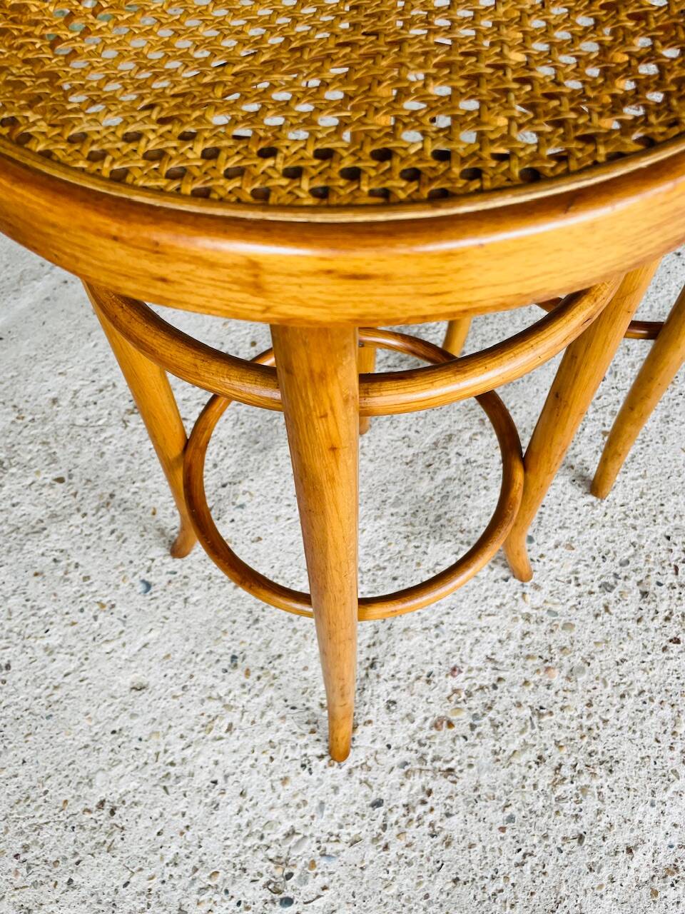 Pair of vintage bar stools, curved wood and cane