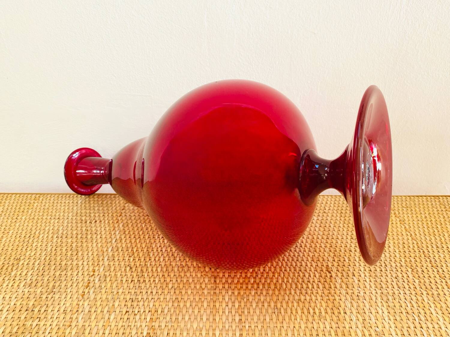 Large blown glass red carafe Blenko / Genie Bottle from the 1960s.