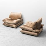Pair of vintage beige velvet lounge armchairs from the 1970s modernism