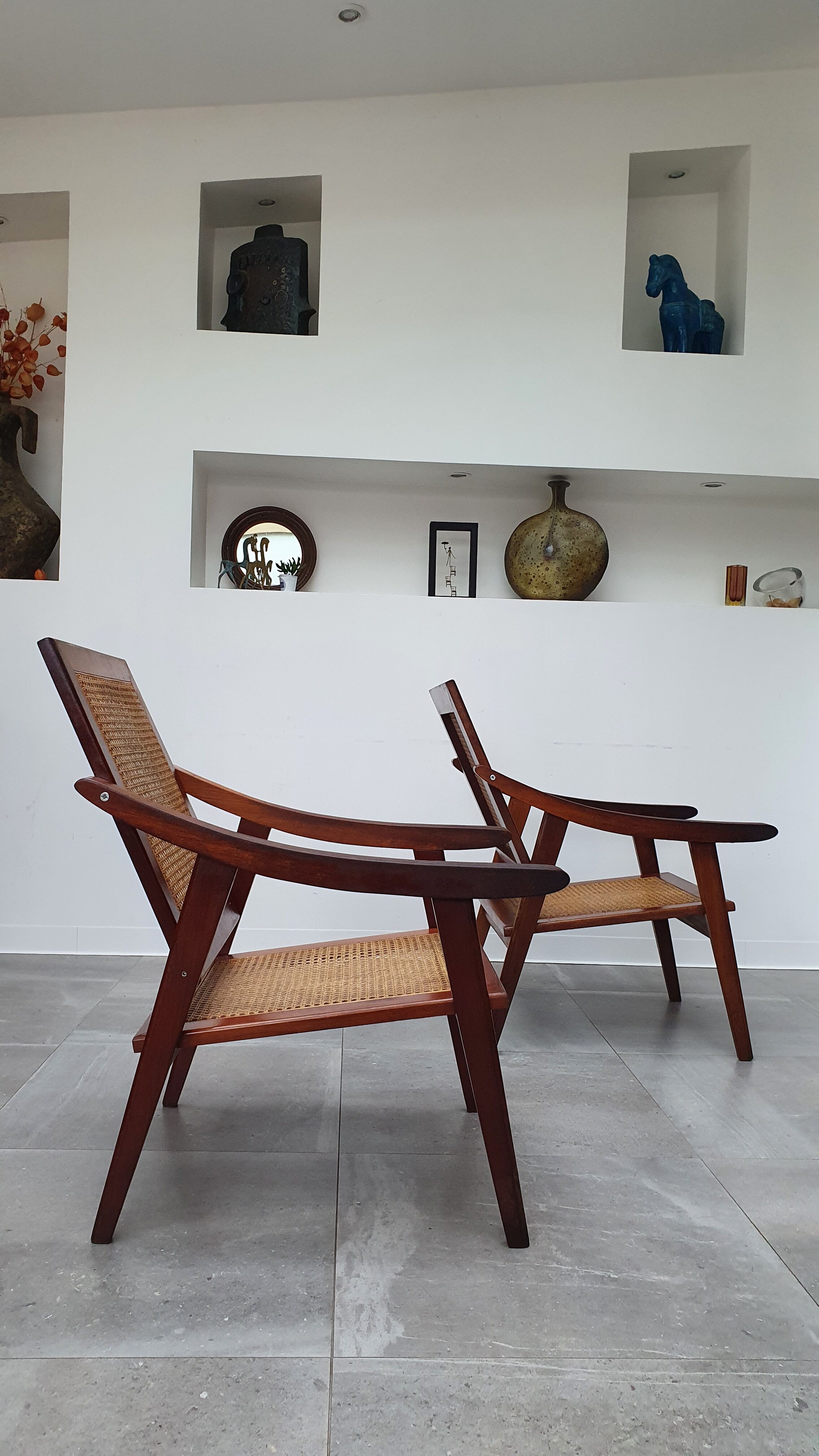 Pair of armchairs in red teak and cannage