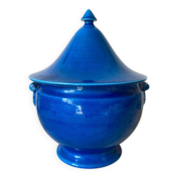Bonbonnière , soupière en faïence de Malicorne,  céramique bleue craquelé