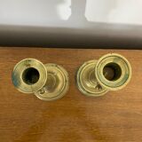 Paire De Bougeoir A Poussoir Ancien Laiton Vintage #C408