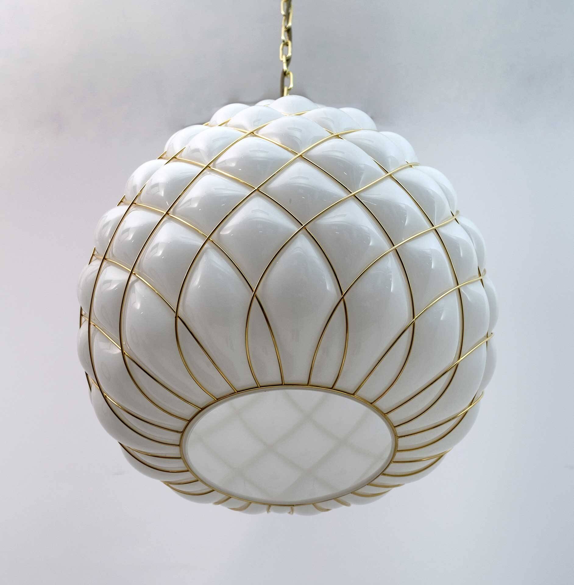 Modern Brass and Caged Murano Glass Large Pendant Lamp Fontana Arte Style