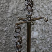 Brass fireplace servant with pair of cast iron pegs with vintage brass ball year 60