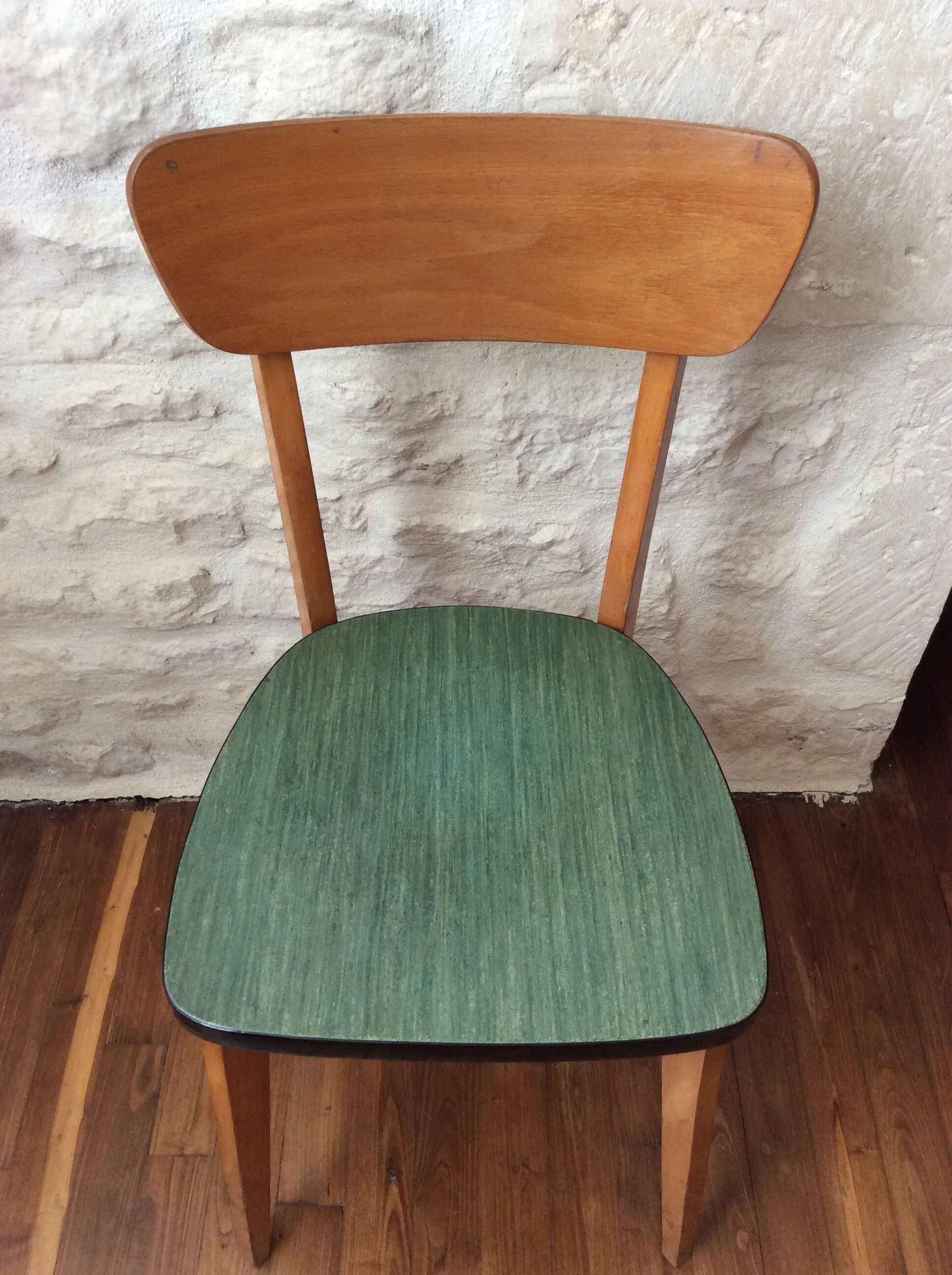 Set of 6 chairs in wood and green leatherette, 1960's