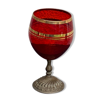 Red glass cut on vintage chiseled brass copper base