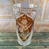 Large amber crystal vase – Engraved floral decoration – 29 cm