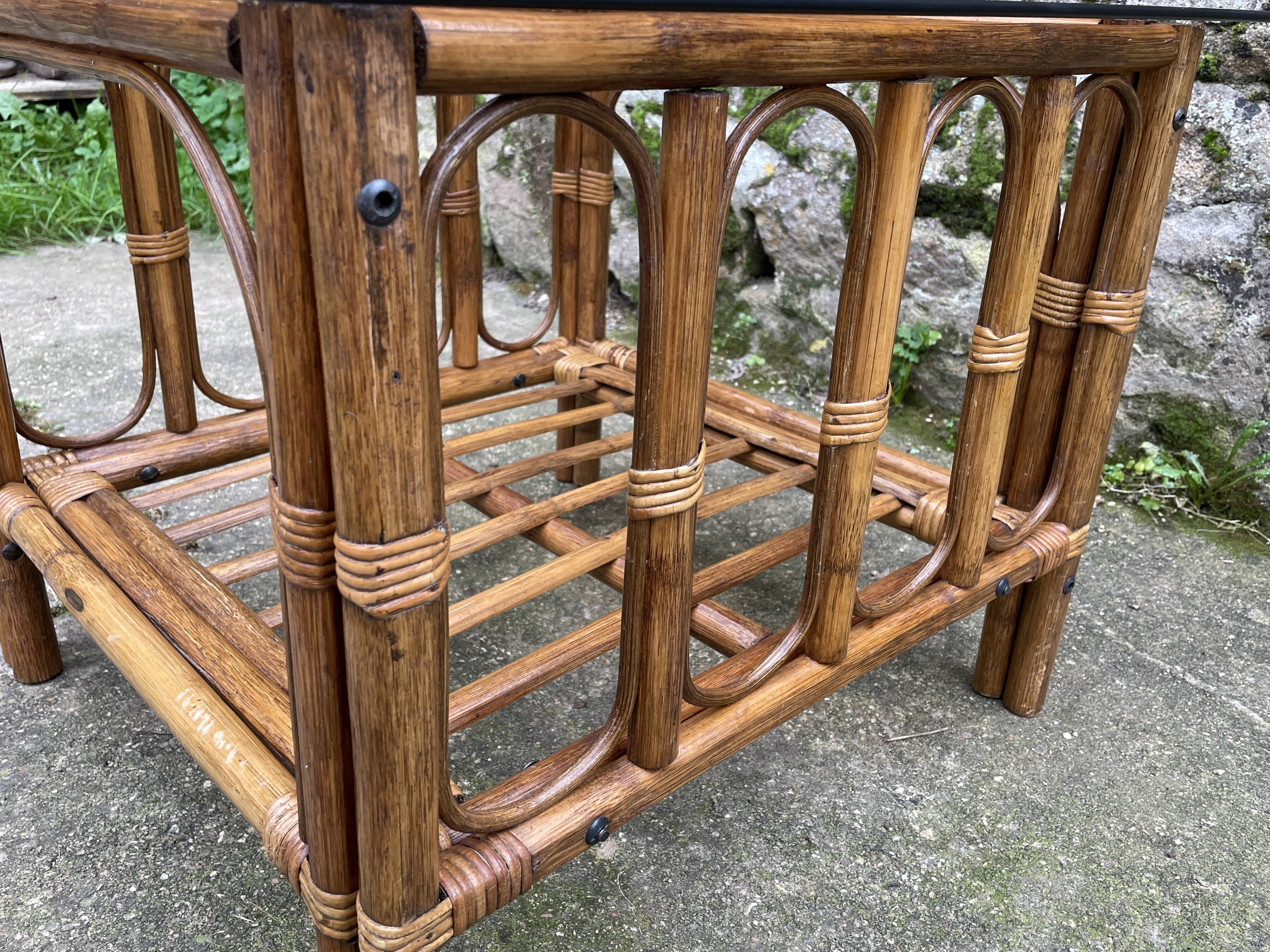 Square coffee table in smoked glass and bamboo, 1970.