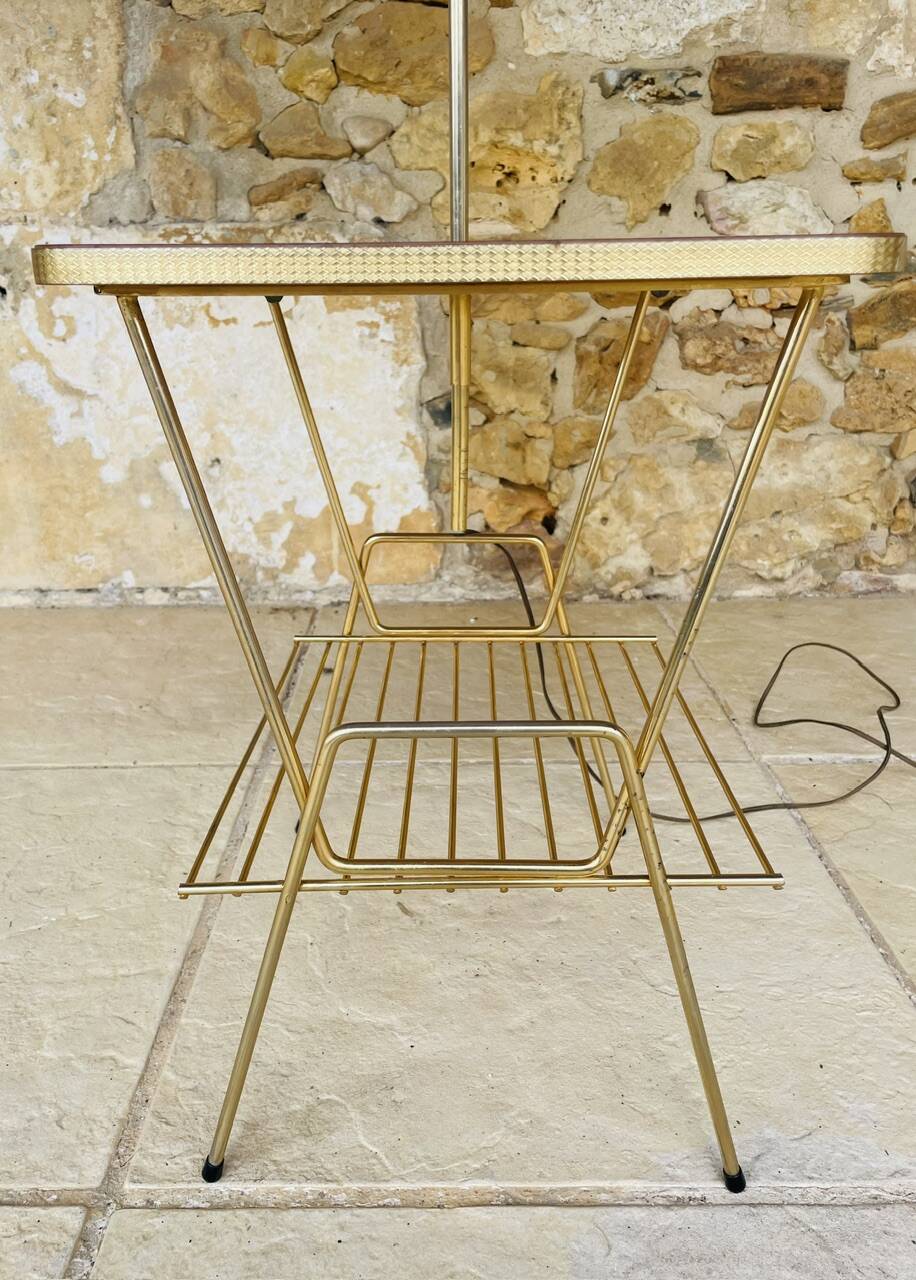 Vintage articulated floor lamp with shelf and magazine holder 1960s
