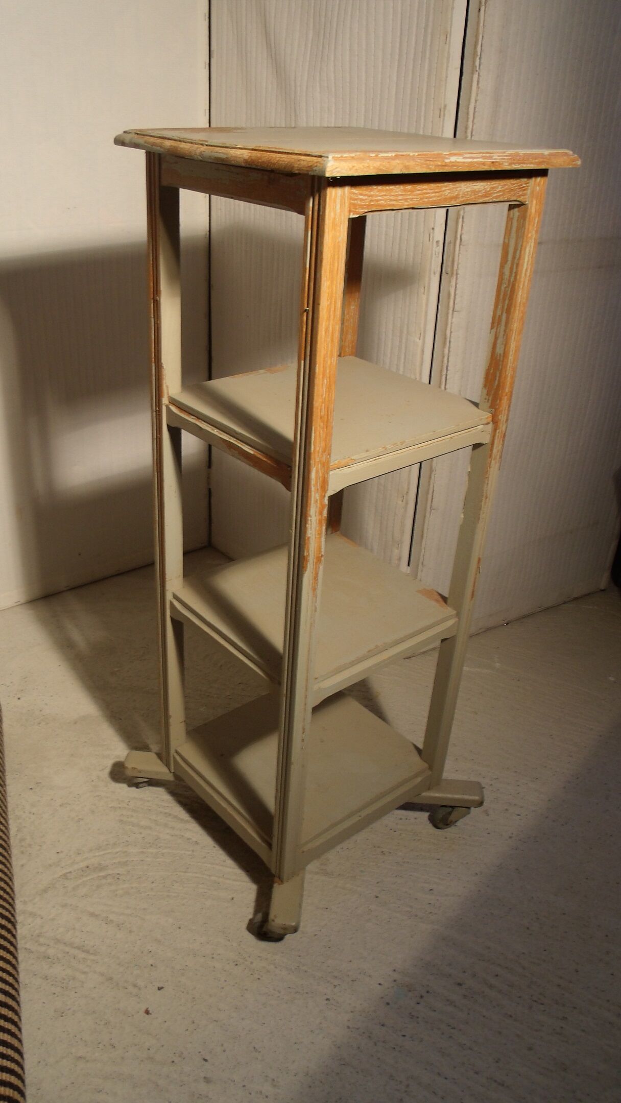 shabby wood side table on wheels