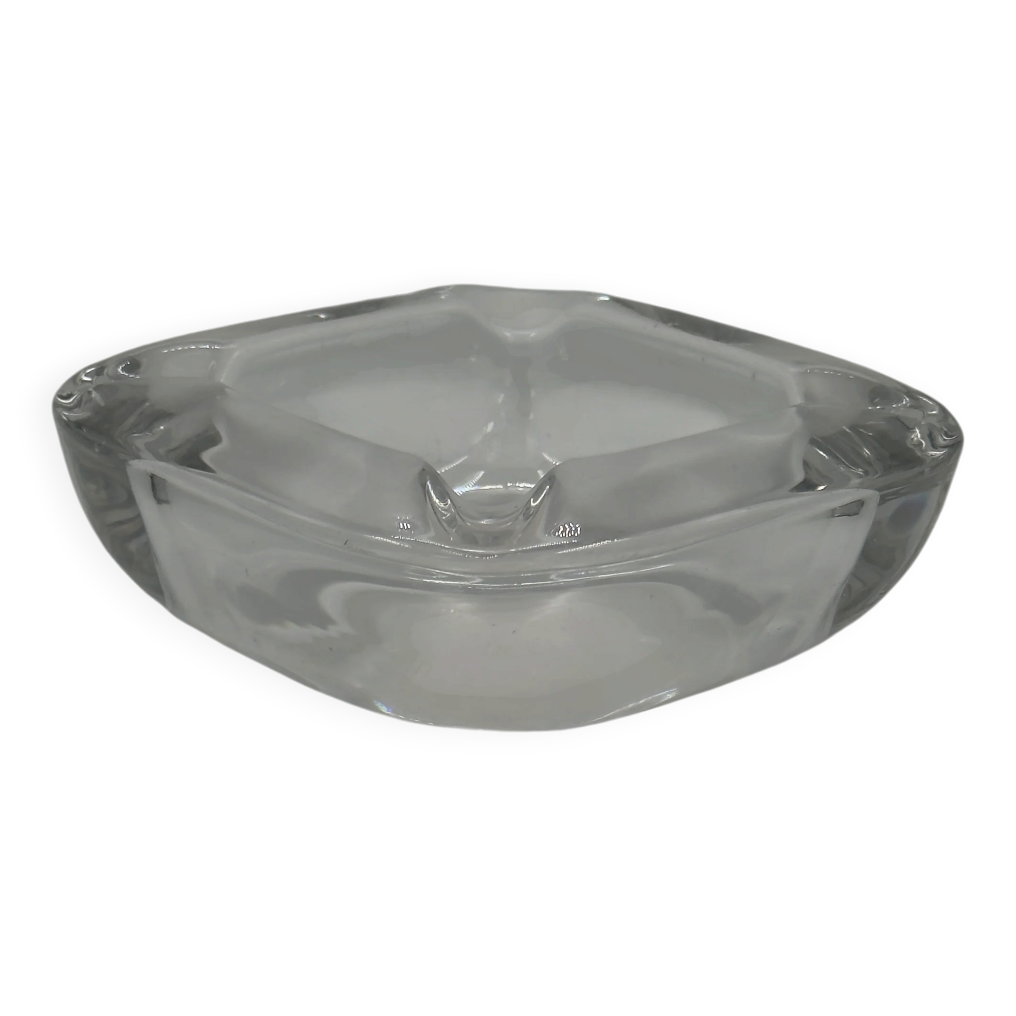 Cendrier vintage en verre épais transparent, forme carrée aux angles arrondis
