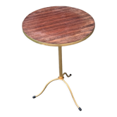 Pedestal table, round side table, varnished wood and gilded metal
