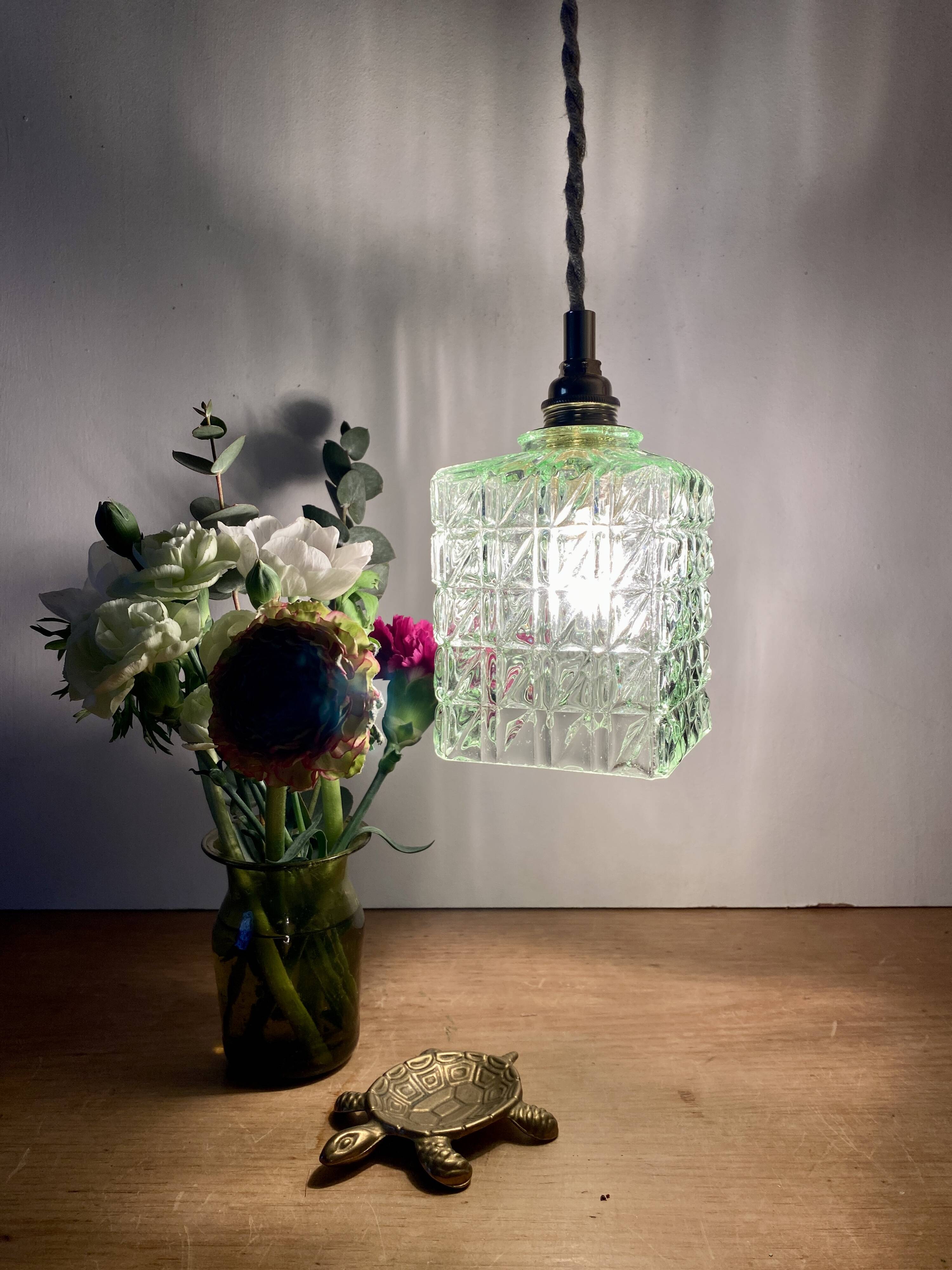 Vintage globe pendant light in green molded glass