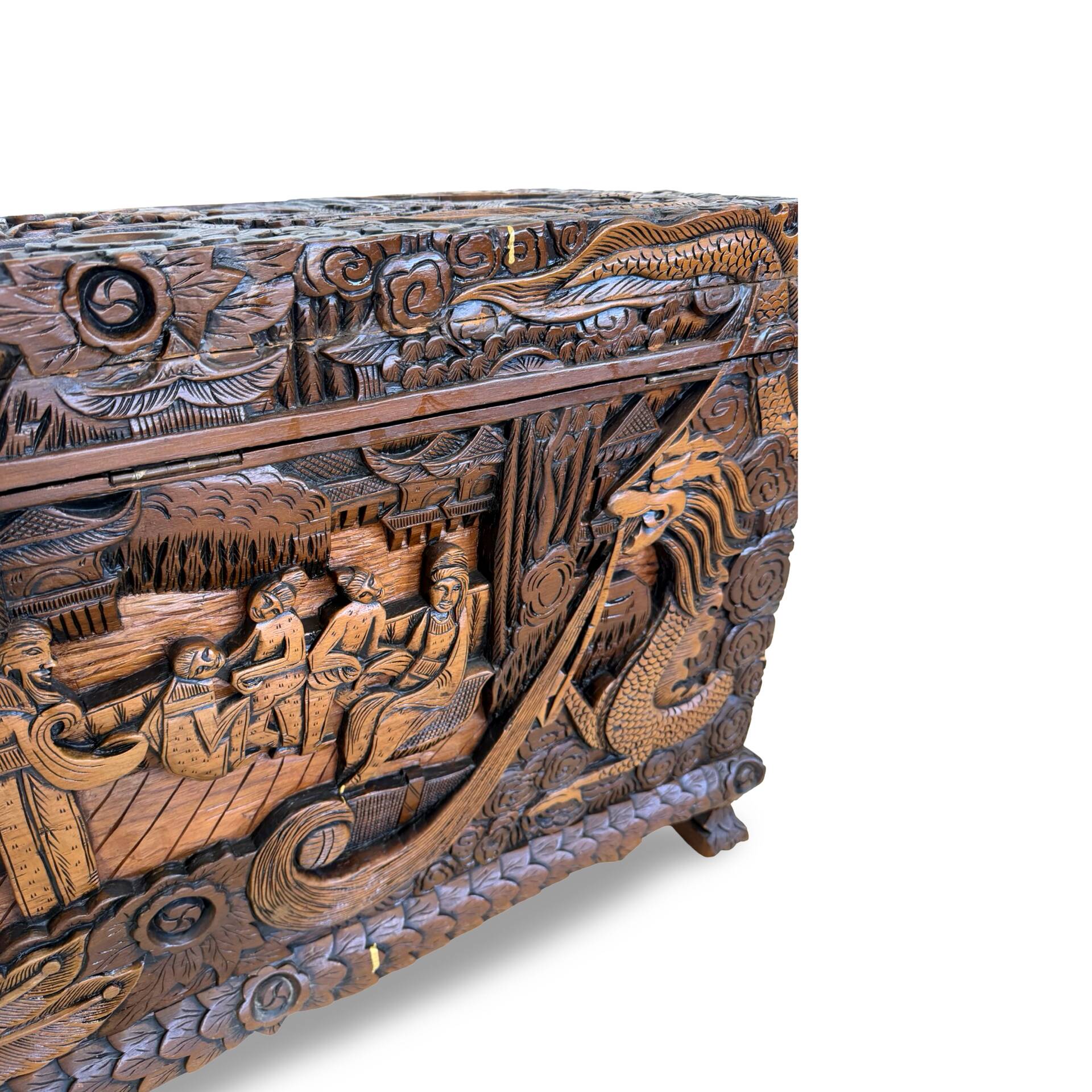 Antique Chinese Carved Export Chest – Dragon, Phoenix & Landscape Deco