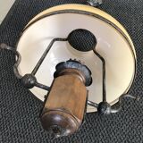 Suspension vintage wood and iron chandelier with yellow opaline lampshade