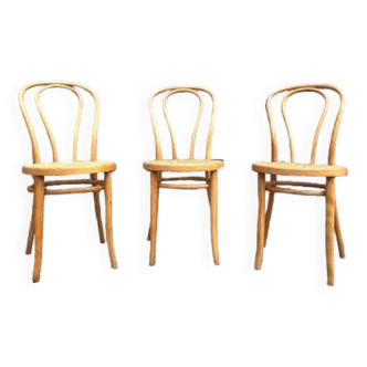Trio de chaises vintage, sièges cannage de bistrot