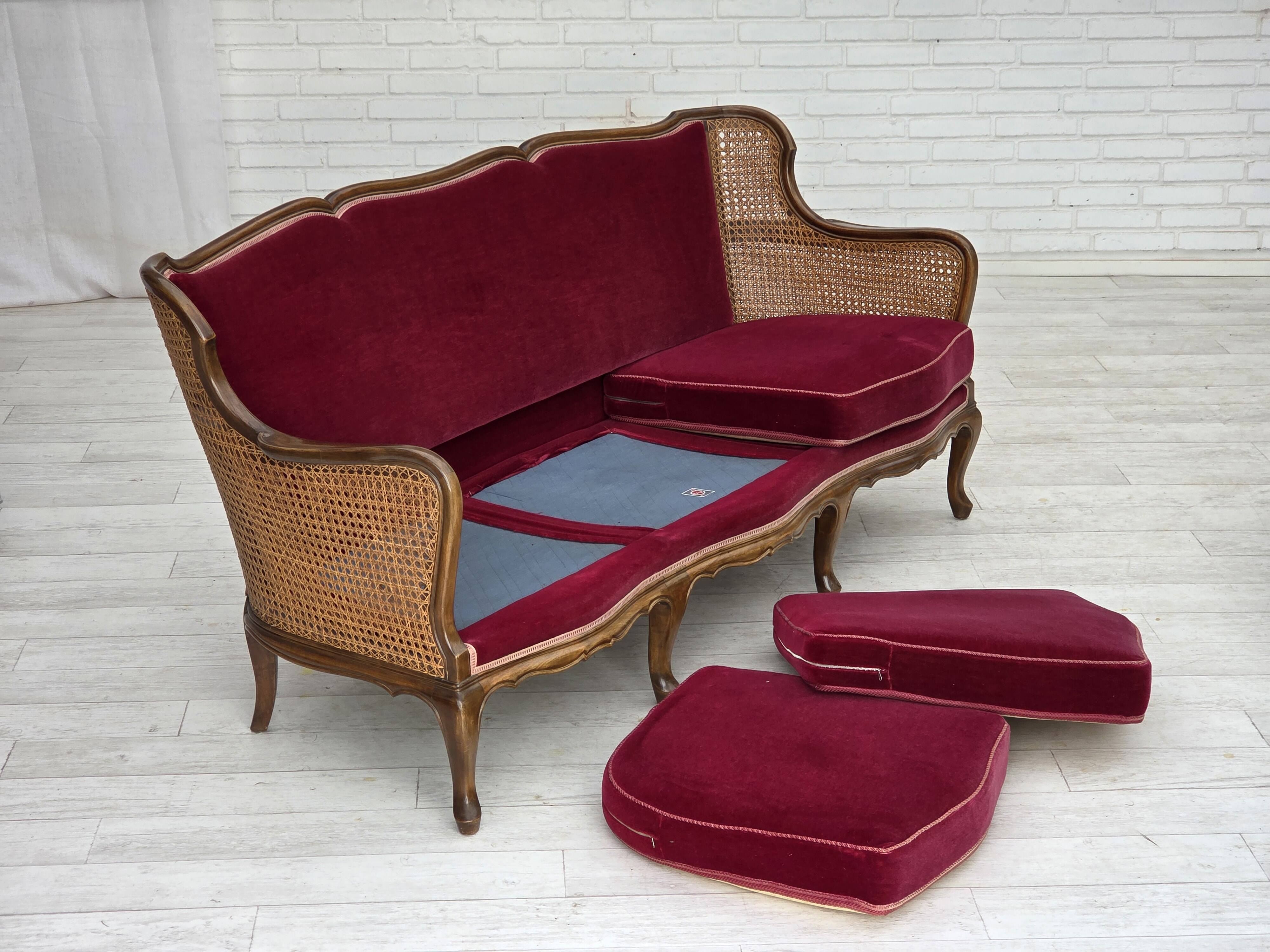 1950s, Danish 3-seater sofa, furniture velour, ash wood, mesh.