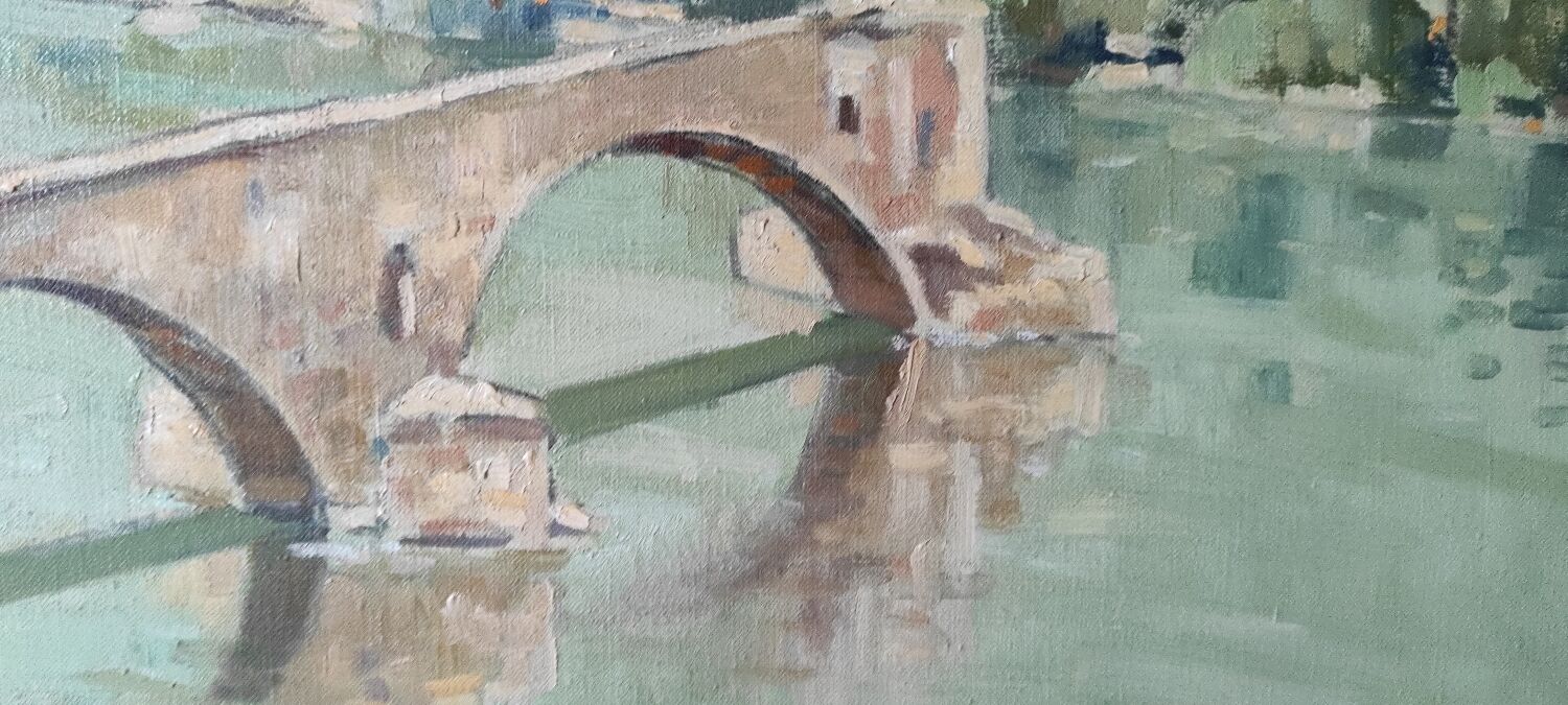 Painting The Avignon Bridge impressionist landscape Oil on canvas 30s 40s