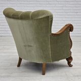 1960s, Danish armchair, green furniture velour, carved oak wood.