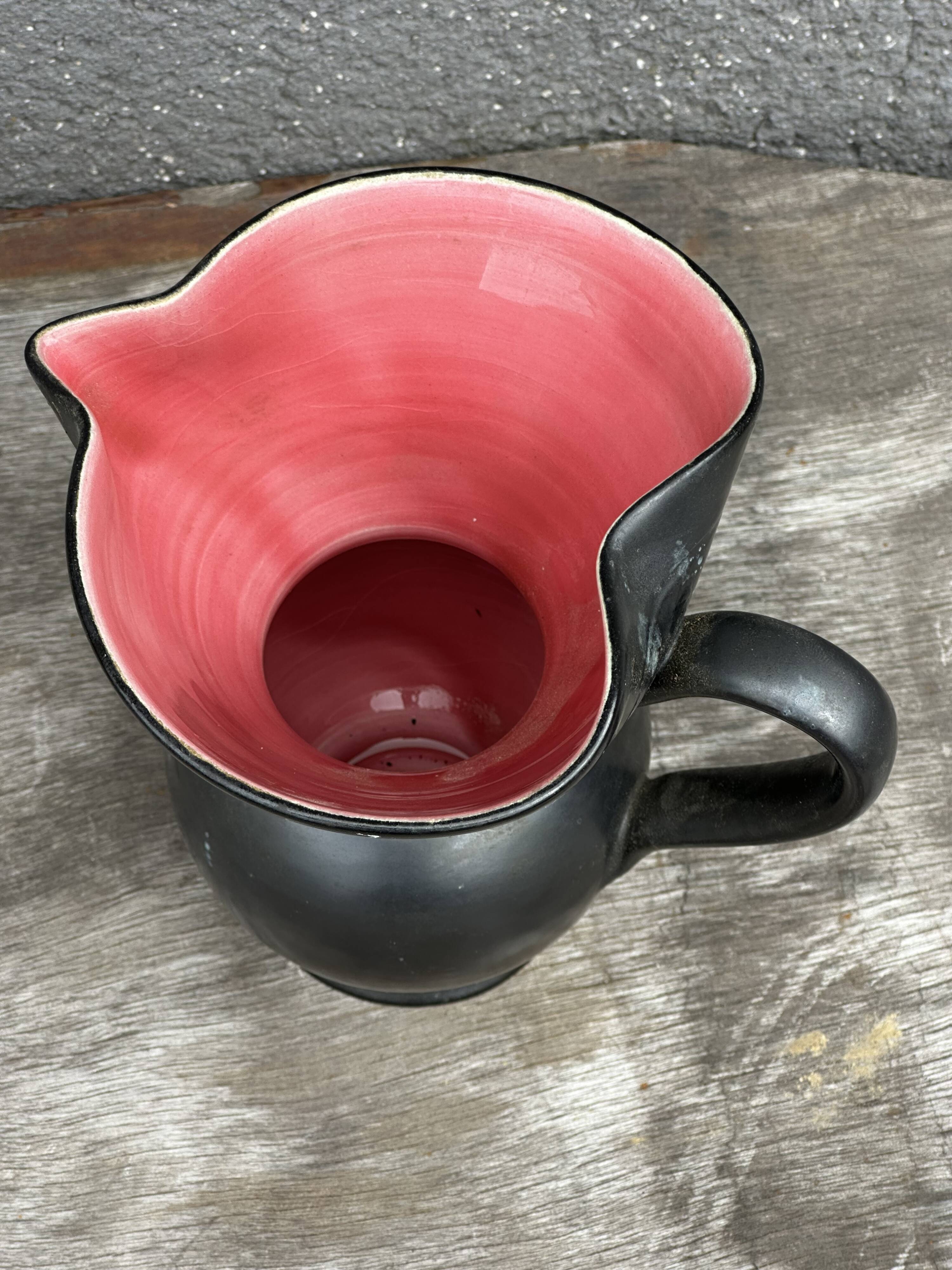 Elchinger Anthracite and Pink Ceramic Pitcher/Vase - Heart-Shaped Neck, 16 cm High