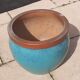 Cache pot en terre vernissé turquoise, jaspé