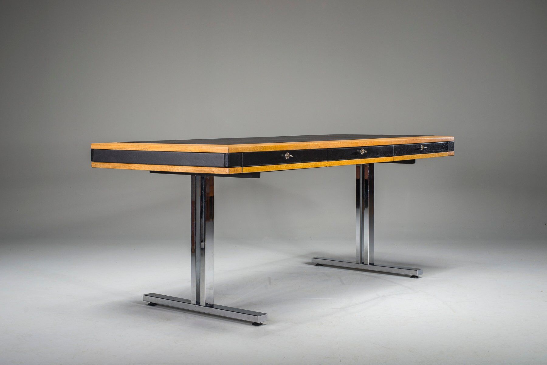 Mid-century modern oak and chrome desk with leather top, 1980s
