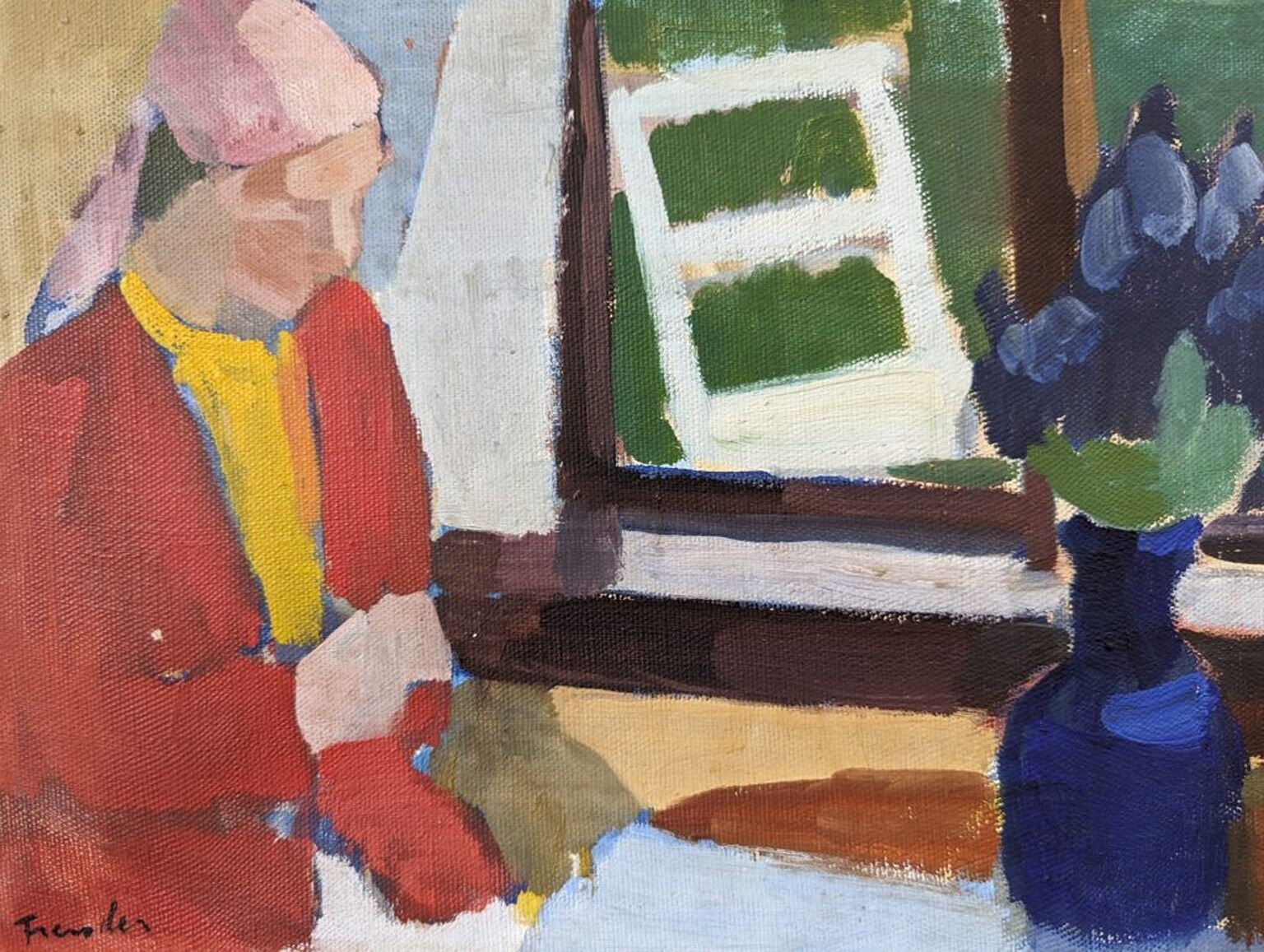 Mid-Century Modern "Window Seat", Swedish Figurative Interior Oil Painting, Framed