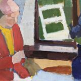 « Window Seat » moderne du milieu du siècle, peinture à l’huile intérieure figurative suédoise, encadrée
