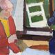 Mid-Century Modern "Window Seat", Swedish Figurative Interior Oil Painting, Framed