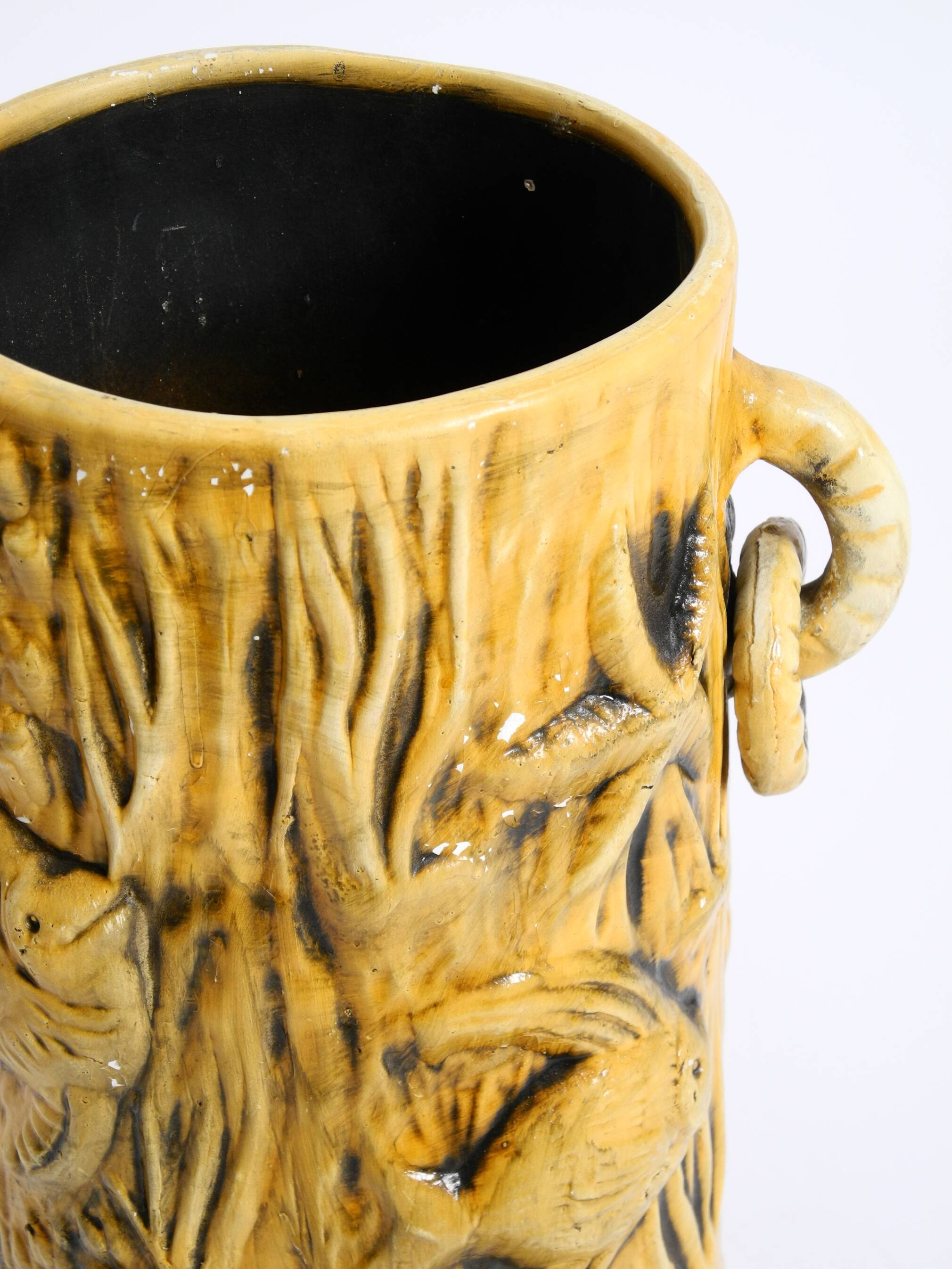 Large handmade glazed ceramic floor vase, handled vase with maritime motifs