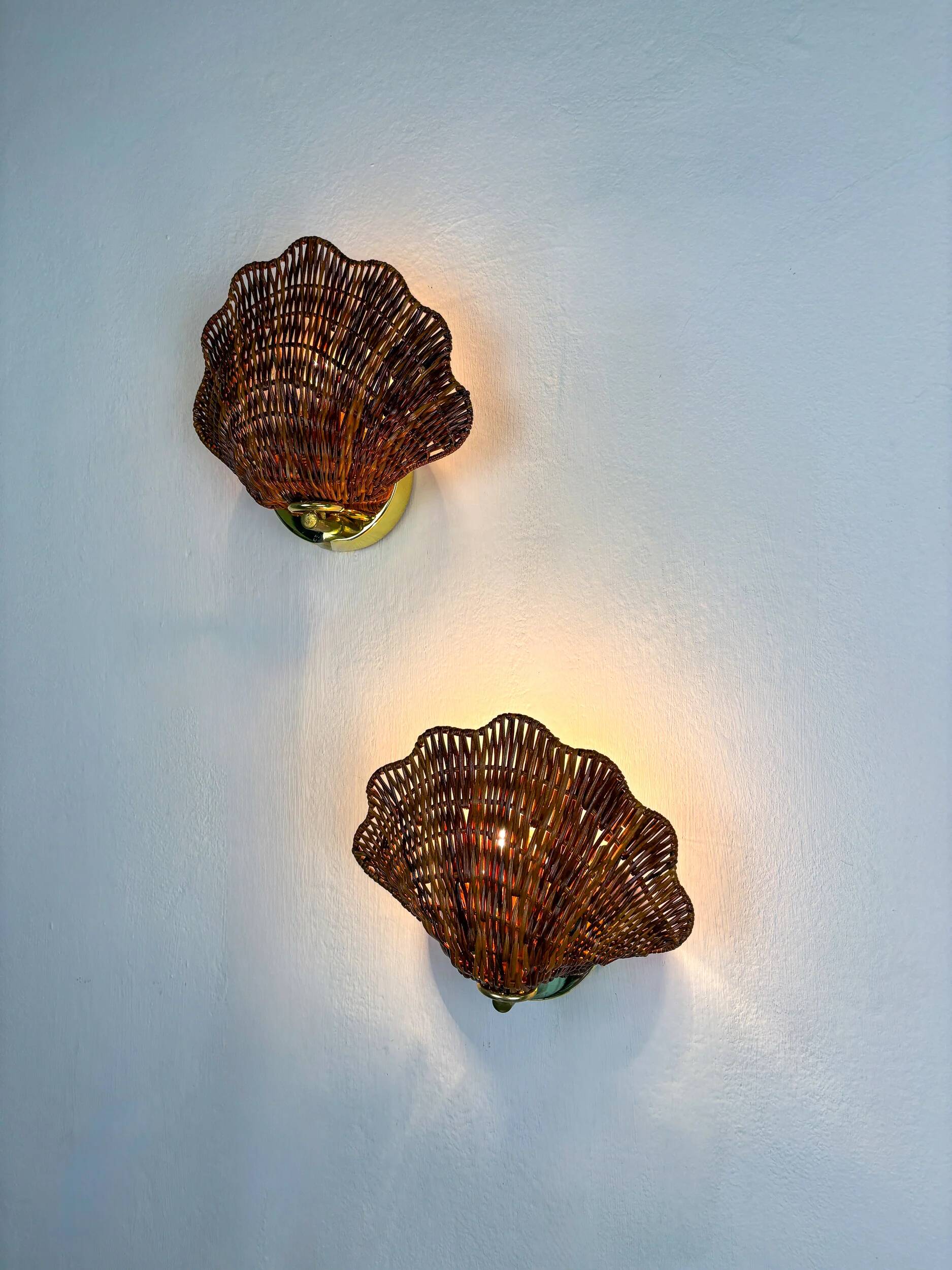 Pair of scalloped rattan wall sconces, 1980s, sourced in Spain