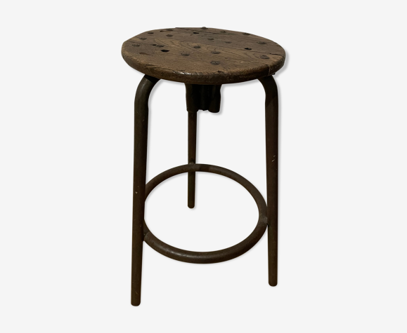Ancien tabouret industriel en bois et métal