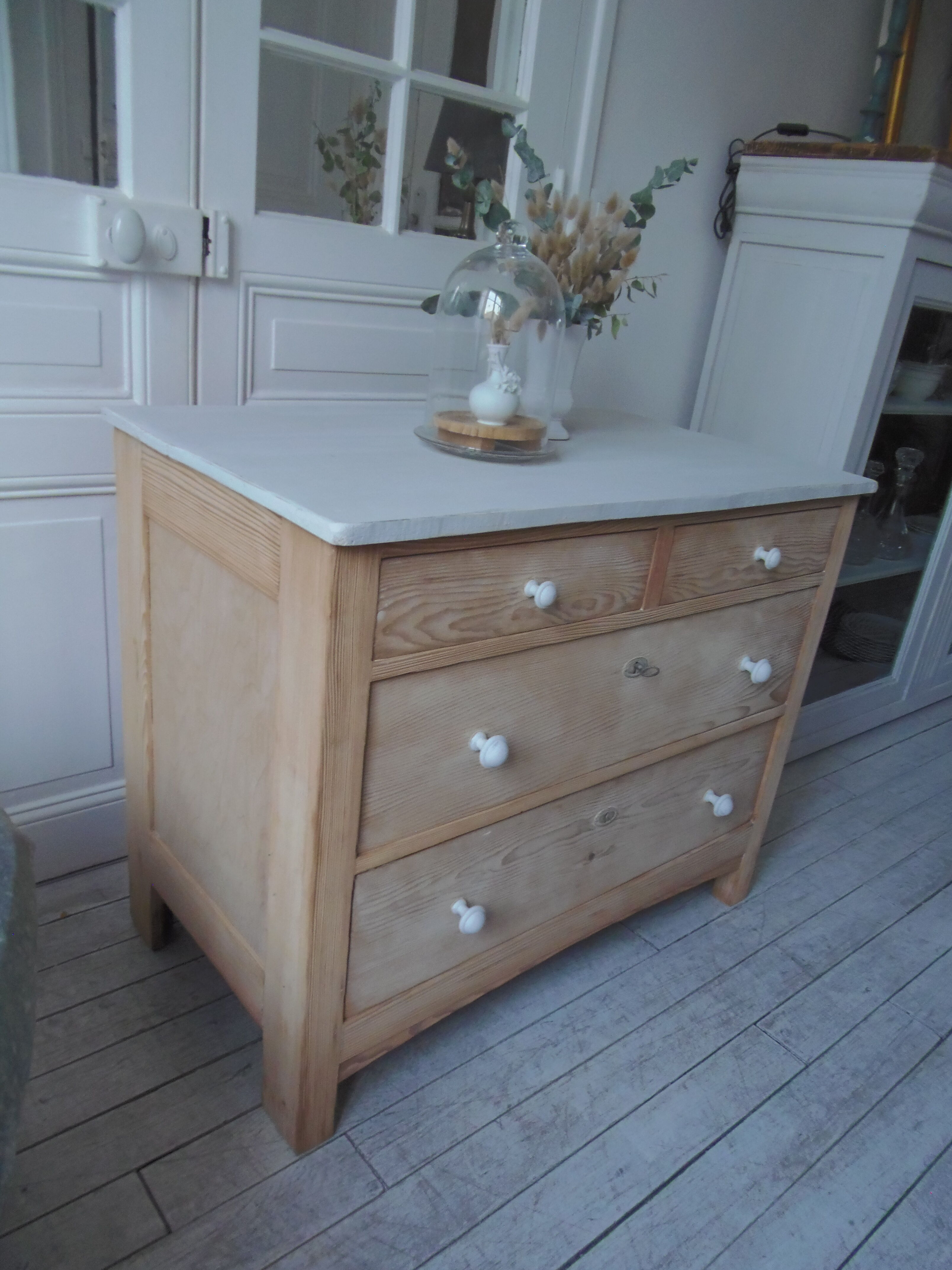 Vintage raw pitchpin chest of drawers, pearl grey patinated drawer tray buttons