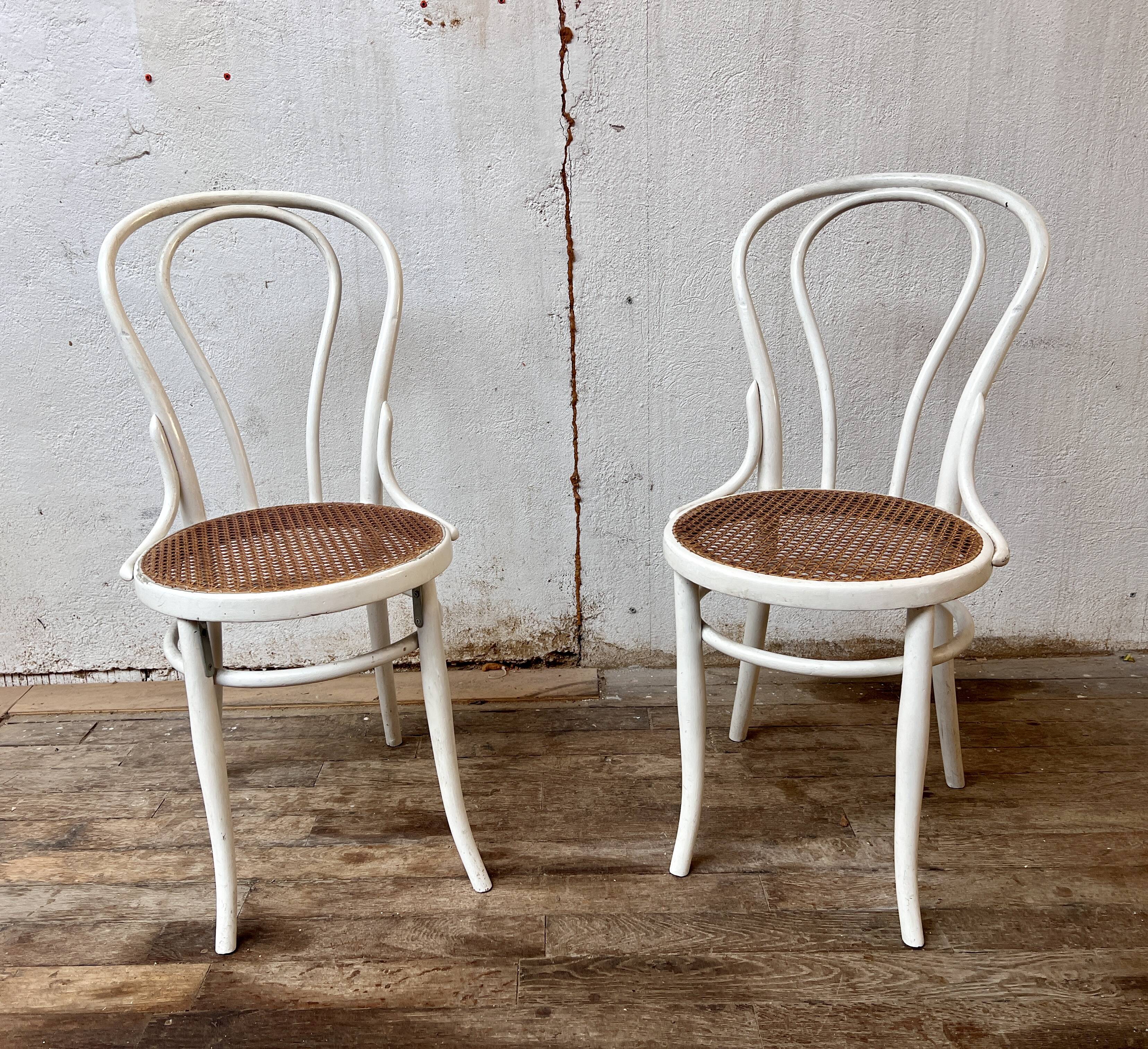 Pair of 2 bistro chairs in white bentwood and canework Jacob Josef Kohn